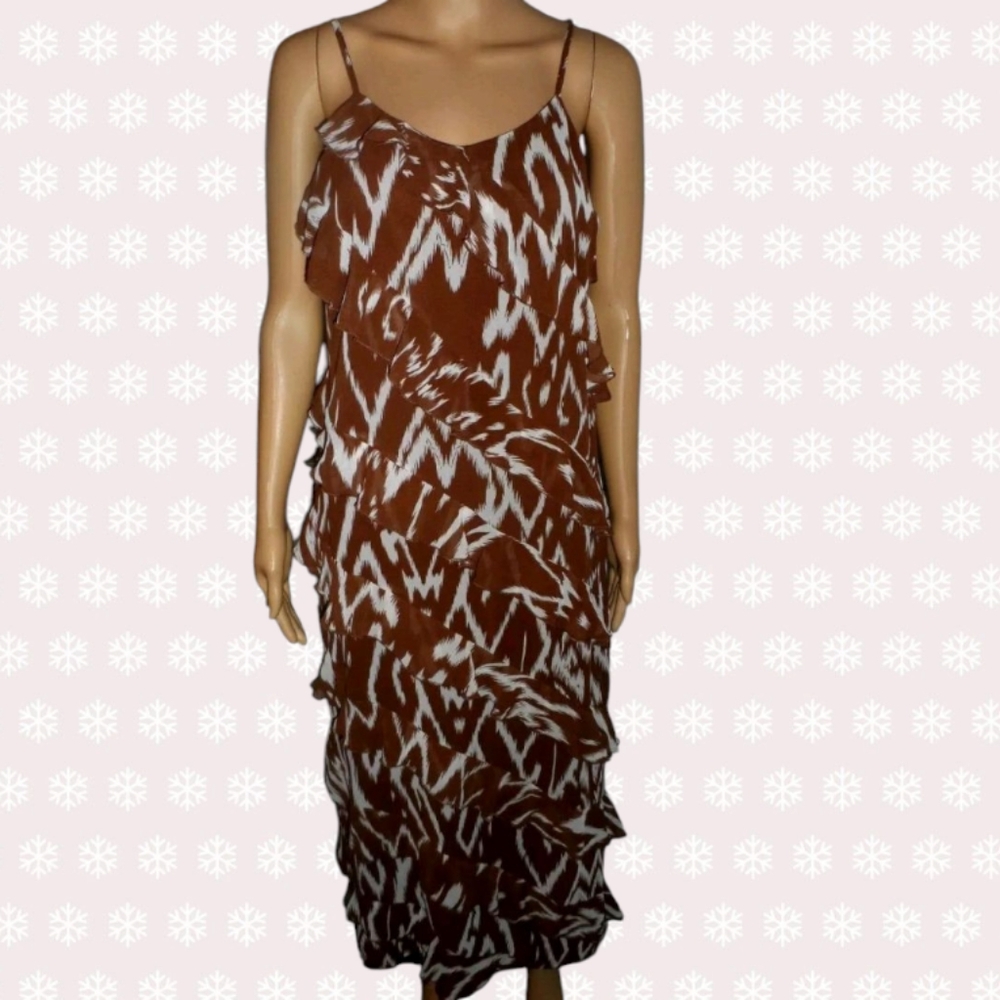 ​WD•NY Abstract Ikat Ruffle Tiered Midi Dress Brown White Size L Spaghetti Strap